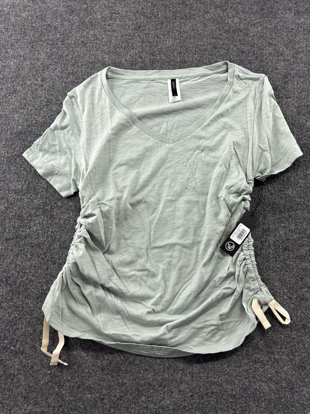 New Savvi Shirt Womens Large Gray Gathered V Neck Side Ruched Drawstring